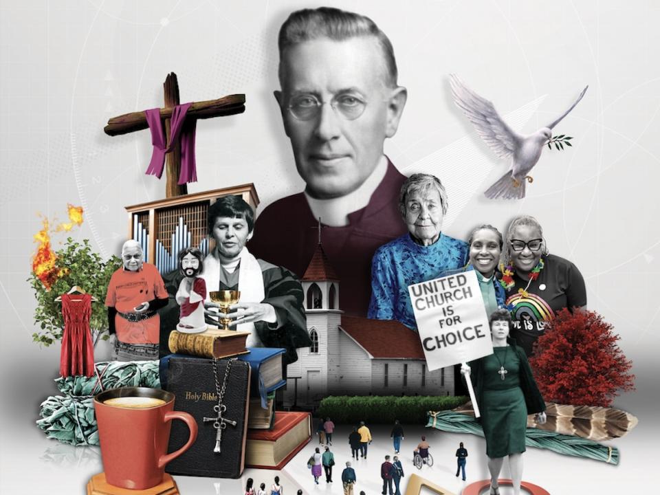 Collage of people in black and white with the bottom in colour of various items